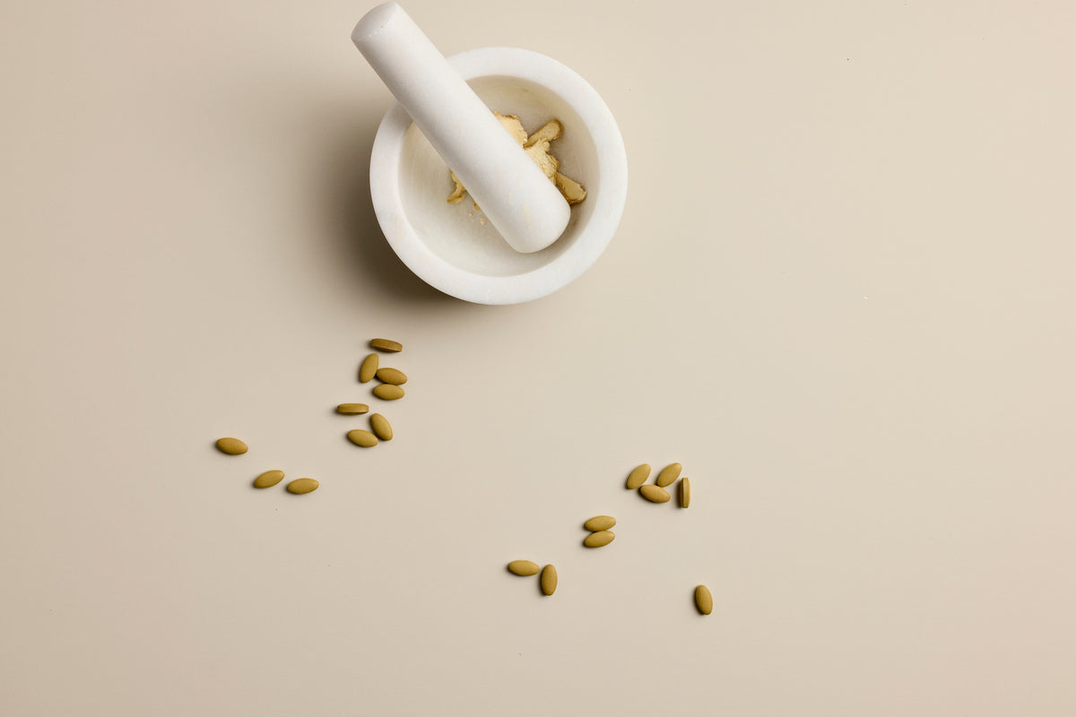 Mortar and pestle with Chinese herbs